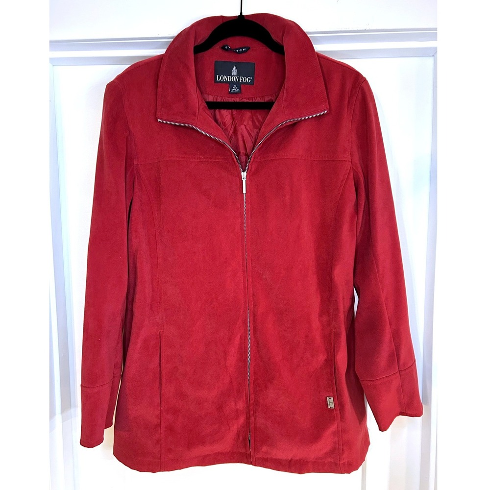 London Fog Womens Red Faux Suede Zip Front Jacket Water Repellent Small 133205
